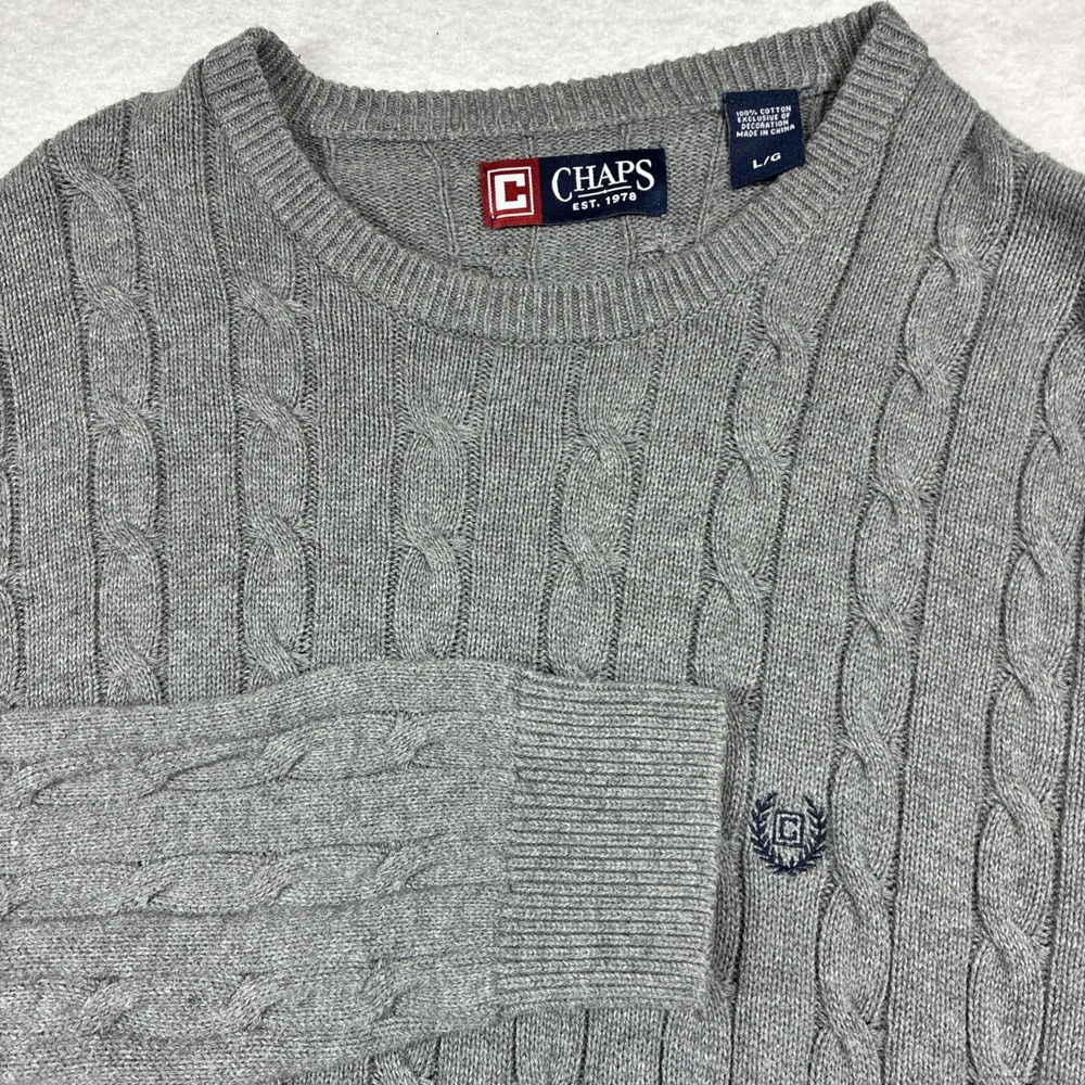 Chaps Ralph Lauren Sweater Cable Knit Fisherman Chunky Preppy Gray‎ Mens Large